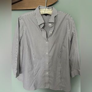 Jones New York Signature Woman button up gray/black and white striped shirt